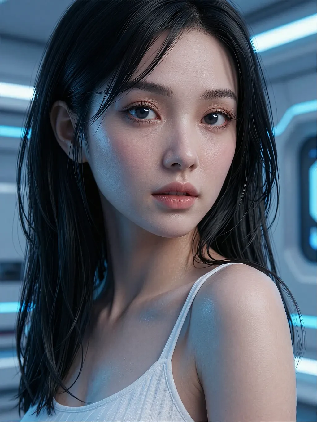 Fictional AI character in a white vest top, long black hair, in a room lit cool blue