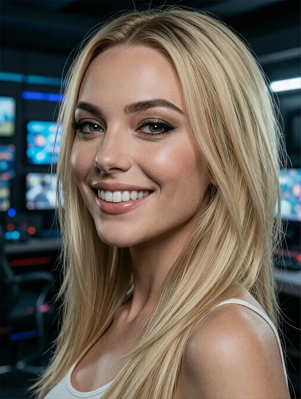 Fictional AI character with long blonde hair laughing, computer screens glowing behind her