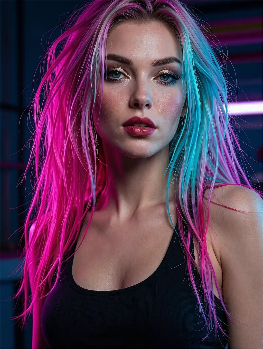 Fictional AI character with bright pink and turquoise hair in a black vest under coloured light